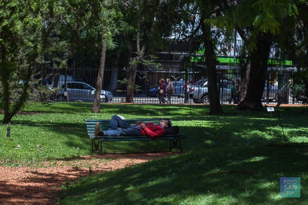 Fotografía callejera de una señor durmiendo en el jardín botánico